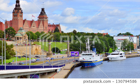Szczecin, Poland. 16 July 2025. Landscape view and ships and boats on the Odra River  130794586