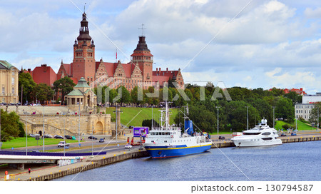 Szczecin, Poland. 16 July 2025. Landscape view and ships and boats on the Odra River  130794587