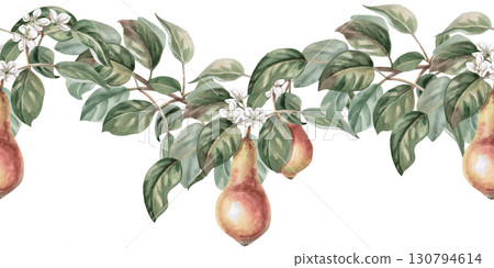 Seamless border with curved branches of blossoming pear and juicy fruits. Isolated watercolor illustration for packaging design of products from this fruit, kitchen textiles and interior design. 130794614