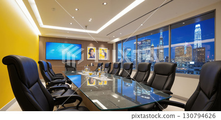 High-end corporate office with a glass conference table, plush leather chairs, and modern lighting fixtures. Add an interactive digital board 130794626