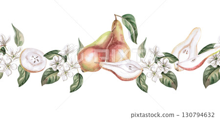 Seamless border with whole and parts of pear and flowering branches. Isolated watercolor illustration for packaging design of products from this fruit, kitchen textiles and interior design. Seamless border with whole and parts of pear and flowering branches. Isolated watercolor illustration for packaging design of products from this fruit, kitchen textiles and interior design. 130794632