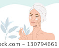 Beautiful young woman in towel applying cream on her faces, with flowers and leaves plants background, organic cosmetic skin care banner.  Vector design illustration. 130794661