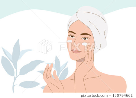 Beautiful young woman in towel applying cream on her faces, with flowers and leaves plants background, organic cosmetic skin care banner.  Vector design illustration. 130794661