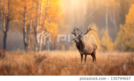 Majestic elk standing in a meadow during sunrise in autumn 130794687