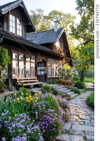 Charming wooden house with beautiful garden blooming in spring 130794719