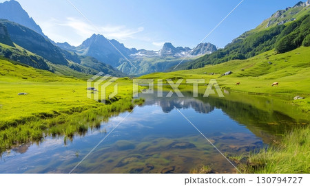 Idyllic alpine landscape reflecting on crystal clear lake with grazing cows 130794727