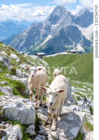 Goats walking on mountain rocks with alpine hut in the background 130794745