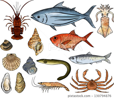 Watercolor seafood set Watercolor seafood set 130794876