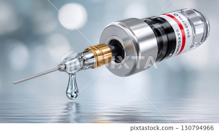 Syringe dripping antiviral serum from needle tip 130794966
