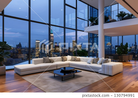 Modern luxury penthouse apartment overlooking New York City at night 130794991