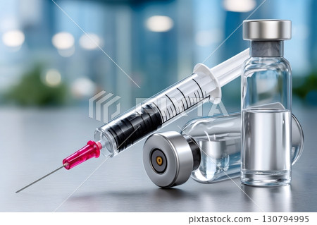 Syringe and vials containing vaccine are lying on laboratory table 130794995