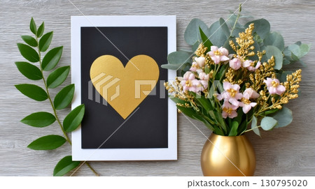 Golden heart greeting card with flowers and leaves on wooden table Golden heart greeting card with flowers and leaves on wooden table 130795020