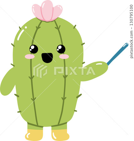 Cute cartoon cactus character holding selfie stick with flower on head 130795100