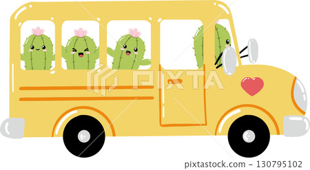 Cute cartoon cactuses riding yellow school bus with heart decoration 130795102