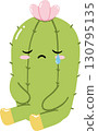 Sad cartoon cactus sitting with a tear and pink flower on top 130795135