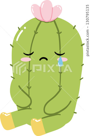 Sad cartoon cactus sitting with a tear and pink flower on top 130795135