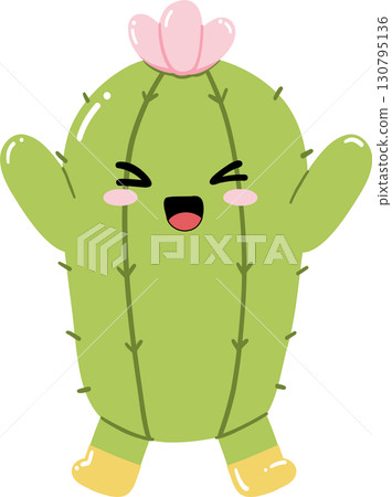 Cute cartoon cactus character smiling with flower and boots Cute cartoon cactus character smiling with flower and boots 130795136