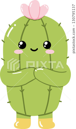 Cute cartoon cactus character standing with arms crossed and flower on head 130795137