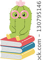 Cute cartoon cactus character sitting on stack of books with glasses and flower 130795146