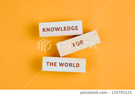Concepts of business organizations and industries. KNOWLEDGE FOR THE WORLD assembled from blocks on orange background, top view Concepts of business organizations and industries. KNOWLEDGE FOR THE WORLD assembled from blocks on orange background, top view 130795225