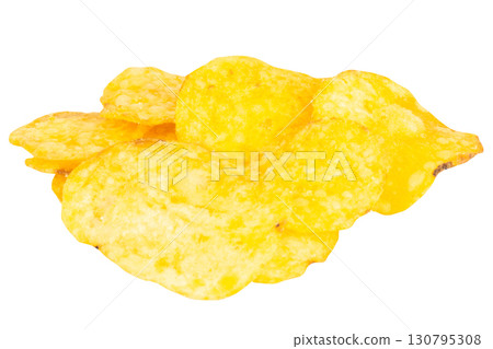Pile of Salty Snack Chips on Clean White Background 130795308