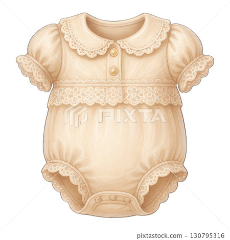 Vintage baby romper with lace collar and buttons, soft beige 130795316