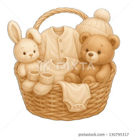 Baby clothes and toys in cozy basket with soft textures 130795317