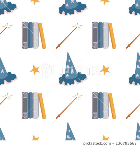 Seamless pattern with Vector starry wizard hats, books, magic wands and stars on white background. Background design for fabric, scrapbooking, Halloween, kids projects and home decor. Vector 130795662