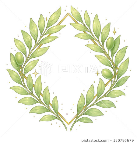 Olive branch wreath with green leaves and golden frame decoration 130795679