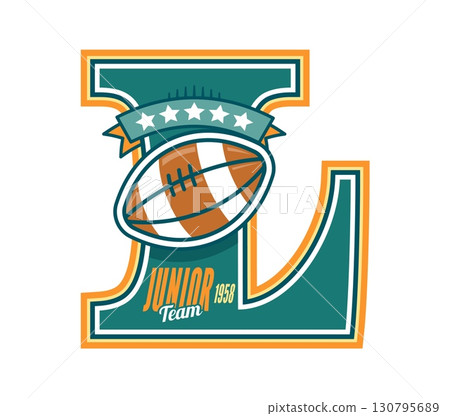 American varsity sport letter L, college champion patch label. Campus champion typography vector patch, athletic team retro print. Varsity sport league label with american football or rugby ball American varsity sport letter L, college champion patch label. Campus champion typography vector patch, athletic team retro print. Varsity sport league label with american football or rugby ball 130795689