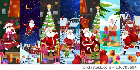 Christmas Santa characters collage for winter holiday or New Year, cartoon vector. Christmas collage with funny Santa on summer beach or with gift bag and flying on skis in night sky with elf Christmas Santa characters collage for winter holiday or New Year, cartoon vector. Christmas collage with funny Santa on summer beach or with gift bag and flying on skis in night sky with elf 130795694