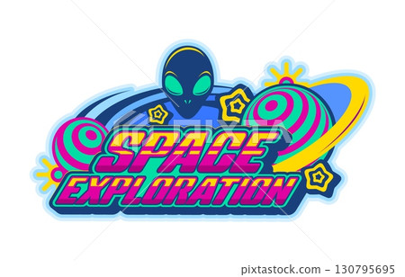 Space exportation Y2K retro icon or symbol. Universe SCI-FI UFO vintage vector icon, space invader Y2K symbol. Cosmos alien retro emblem or sign with humanoid alien head and vibrant colors typography 130795695