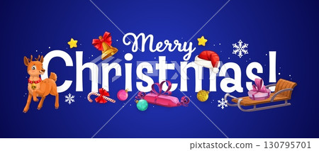 Merry Christmas greeting card with Santa sleigh and reindeer for winter holidays, cartoon vector. Merry Christmas greeting with New Year gifts, candy cane and snowflakes with Xmas tree decorations Merry Christmas greeting card with Santa sleigh and reindeer for winter holidays, cartoon vector. Merry Christmas greeting with New Year gifts, candy cane and snowflakes with Xmas tree decorations 130795701