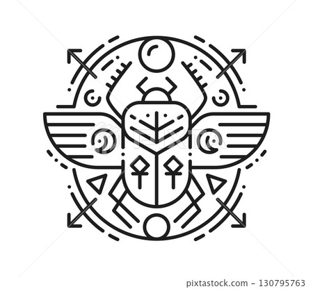 Egyptian scarab beetle esoteric line tattoo. Egypt culture esoteric linear vector sign, egyptian history tarot outline symbol. Africa mythology outline tattoo or print with Khepri God sacred insect 130795763