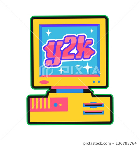 Vintage personal computer Y2K groovy sticker or vintage tag. Computer device groovy vector sticker, vintage digital gadget tag. PC technology label with yellow CRT monitor or screen, computer tower 130795764