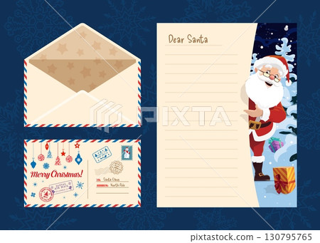 Santa with Christmas wishlist letter and envelope for winter holiday wishes, cartoon vector. Merry Christmas greeting card and New Year gift wish list for envelope with funny Santa in the snow forest 130795765