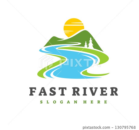 River icon of mountain valley landscape with sun and forest trees, vector symbol. Fast river icon of nature landscape with mountain river flow in hills and sunrise over fields for travel brand sign 130795768