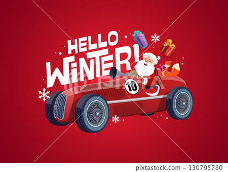 Hello winter Christmas quote and greeting card with Santa on sport car, cartoon vector. Christmas quote and New Year winter holiday greeting card with happy Santa, gifts and squirrel in snowflakes Hello winter Christmas quote and greeting card with Santa on sport car, cartoon vector. Christmas quote and New Year winter holiday greeting card with happy Santa, gifts and squirrel in snowflakes 130795780