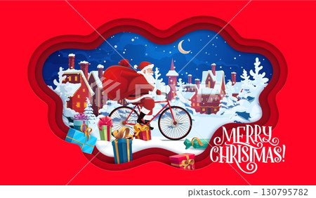 Christmas paper cut banner with Santa on bicycle with gifts bag, for winter holiday, vector greeting card. Merry Christmas banner with New Year gifts and village town in snow in paper cut frame Christmas paper cut banner with Santa on bicycle with gifts bag, for winter holiday, vector greeting card. Merry Christmas banner with New Year gifts and village town in snow in paper cut frame 130795782