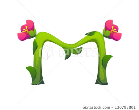 Honey font, blooming flower letter M. Apiary agriculture font element, sweet honey farming vector kids ABC sign. Beekeeping farm type letter or honey bee harvest English alphabet typeset symbol 130795801