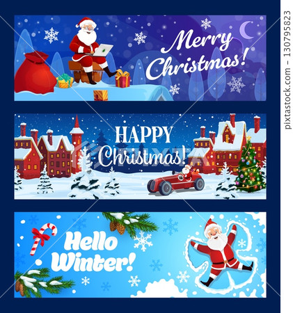 Merry Christmas holiday banners, Santa in winter town on chimney with gifts, cartoon vector. Christmas and New Year winter holiday banners with Santa carrying gifts in retro car or sitting on roof 130795823