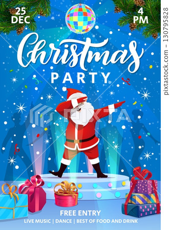Christmas party flyer with Santa dancing on stage scene with disco ball, cartoon vector. Christmas party and entertainment even invitation flyer with funny Santa, New Year gifts and dancers silhouette 130795828