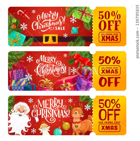 Merry Christmas sale coupons with discount promo codes for winter holiday shopping, vector vouchers. Christmas sale coupons with Santa and New Year gifts for discount promotion price of store and shop 130795835
