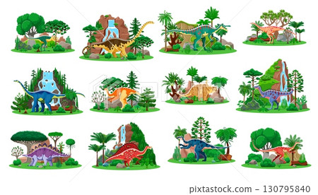 Prehistoric dinosaur characters of cartoon dino animals and reptiles. Vector jungle nature landscapes set with jurassic dinosaurs, jungle forest trees, mountains, waterfalls and green plants 130795840