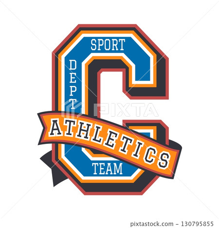 Varsity sport letter C, academy champion patch label. Sport club label vector patch, varsity athletic champion retro symbol sticker. College campus team vintage emblem with retro typography and ribbon Varsity sport letter C, academy champion patch label. Sport club label vector patch, varsity athletic champion retro symbol sticker. College campus team vintage emblem with retro typography and ribbon 130795855