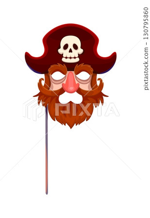 Caribbean pirate bearded face in tricorn hat photo booth mask. Caribbean pirate captain vector face mask. Kids photo booth prop with redhead corsair sailor face beard and mustaches, tricorn hat Caribbean pirate bearded face in tricorn hat photo booth mask. Caribbean pirate captain vector face mask. Kids photo booth prop with redhead corsair sailor face beard and mustaches, tricorn hat 130795860