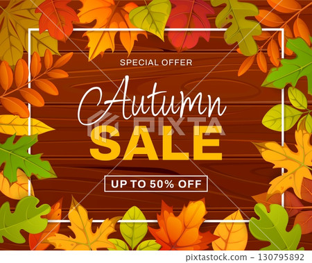 Autumn sale banner with fall leaves on wooden background. Vector promo poster, cartoon coupon, special price offer for store, mall and market shopping, promotional card or voucher with fallen leaves Autumn sale banner with fall leaves on wooden background. Vector promo poster, cartoon coupon, special price offer for store, mall and market shopping, promotional card or voucher with fallen leaves 130795892