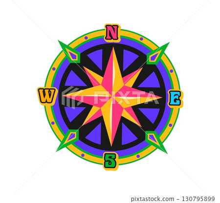 Pirate navigation compass retro Y2K sticker or label. Filibuster treasure hunting Y2K patch, corsair nautical retro vector tag. Pirate marine label or sticker with medieval compass windrose 130795899