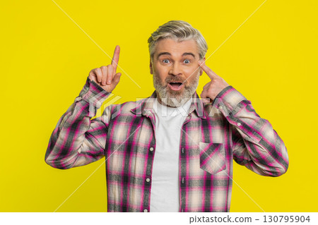 Inspired Caucasian man having good idea, plan startup, showing inspiration motivation Eureka gesture Inspired Caucasian man having good idea, plan startup, showing inspiration motivation Eureka gesture 130795904