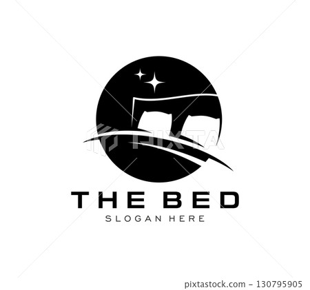Bed furniture icon with pillows and blanket silhouette with stars in the night sky, vector symbol. Bedroom furniture store icon for bed and mattress salon or interior design and hotel or hostel badge Bed furniture icon with pillows and blanket silhouette with stars in the night sky, vector symbol. Bedroom furniture store icon for bed and mattress salon or interior design and hotel or hostel badge 130795905